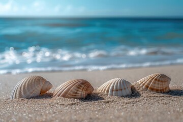 Obraz premium Seashells on a quiet sandy beach, blue sea horizon, copy space