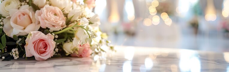 Modern Wedding Setup with Marble Table and Floral Decorations