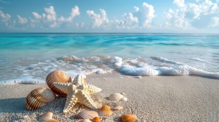 Seashells and starfish on a sandy beach with vibrant turquoise waters and a clear blue sky, creating a serene tropical paradise.