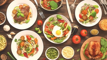 healthy meal planning with a colorful spread of food and utensils on a wooden table, featuring a variety of plates, bowls, and utensils including a silver fork, white