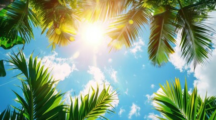 A sunny tropical background with palm trees and a blue sky. A view from below,