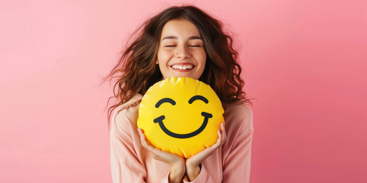 woman holding up an emoji face on pink background, smiley happy person smiling and showing emoticon symbol with eyes closed