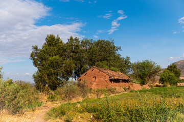 Obraz premium An old house built of adobe bricks in the middle of a mountain, in a meadow of crops.