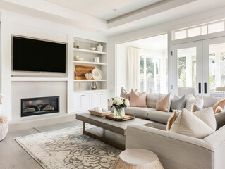 Fototapeta premium Interior living room with neutral tones and white walls in a modern style family home.