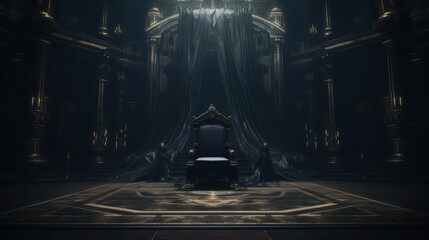 Decorated empty throne hall. Black throne