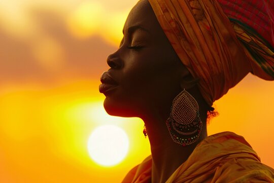 a woman with her eyes closed and a head wrap