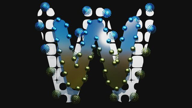 letter W, transparent background, alpha channel, with beads, animated, loop