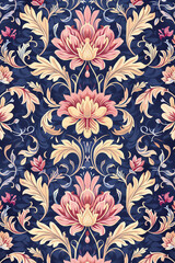 A pattern with a vintage floral damask design. Pink and gold flowers with blue leaves on a dark blue background. Generative ai.