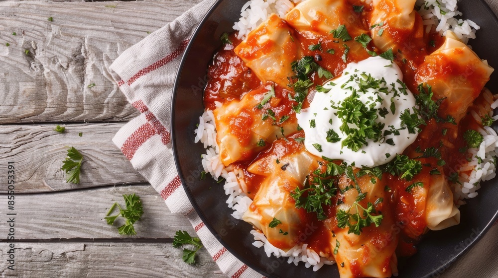 Wall mural rice and meat filled cabbage rolls cooked in tomato sauce with sour cream on a concrete backdrop a c