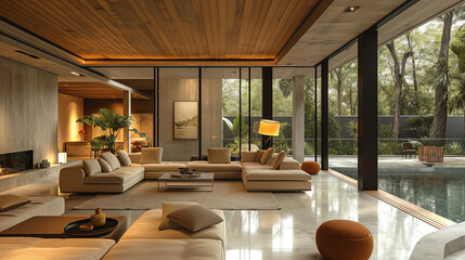 Fototapeta premium A super realistic editorial photo of a large living room, with large windows, ziarat marble tile floors, wooden ceiling planks, white soft painted finished concrete walls.