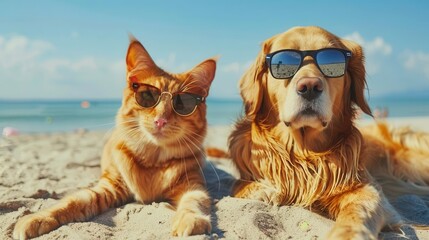 adorable cat and dog enjoying summer holiday together best friends forever