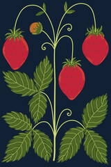 Postcard with strawberries in a trendy style. Stylized botanical  of berries, leaves. Size 2:3.
