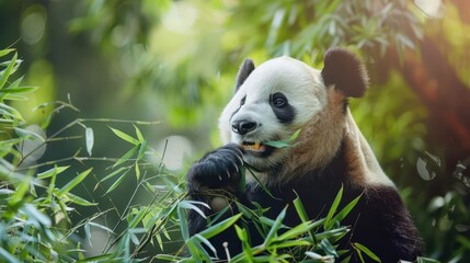 Obraz premium adorable giant panda enjoying fresh bamboo in natural habitat wildlife animal photography
