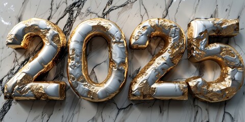 Luxurious Gold and White 2025 Marbled Numbers Decoration