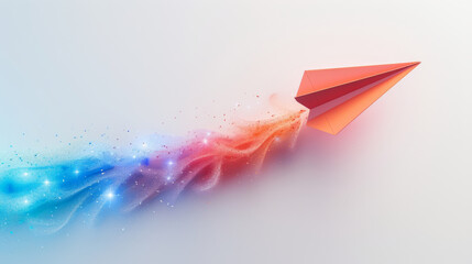 A red paper airplane is flying through a colorful, swirling cloud of glitter