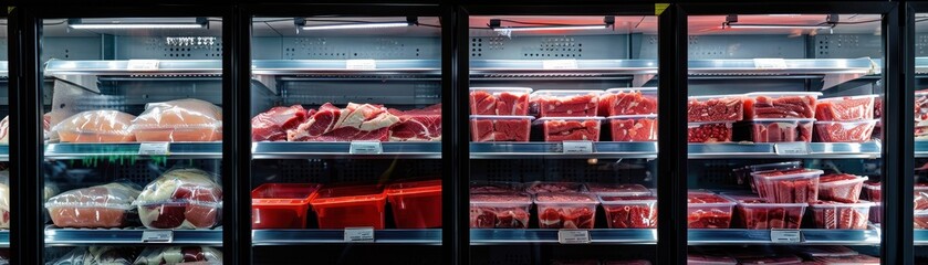 Different types of frozen meat arranged on the shelves of an open freezer