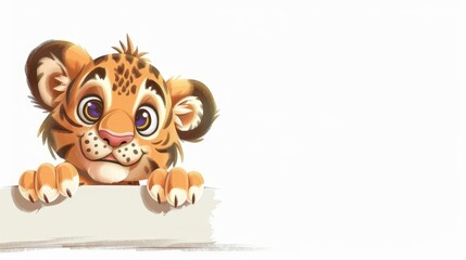 Fototapeta premium adorable tiger cub curiously peeking over blank banner cut out illustration