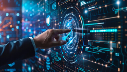 Fototapeta premium A hand is pointing at a brain on a computer screen by AI generated image