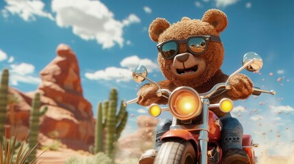 adventurous teddy biker cheerful bear riding motorbike in desert ai generated illustration