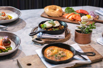 Food spread on table in upscale restaurant