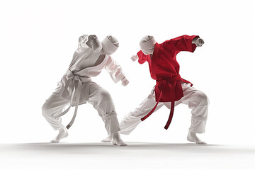 Naklejka premium Action figure of a professional karate people isolated on copy space white background, Sports concept banner, Powerful strong Boxers in Action, Mix martial art digital portrait, surreal karate players