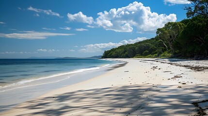 Obraz premium A beautiful beach with a palm tree in the foreground. The water is calm and clear, and the sky is blue 