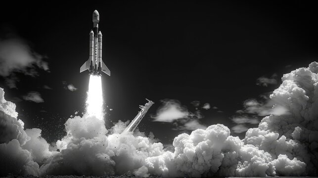 a black and white photo of a rocket taking off into the sky with smoke and clouds around it and a black background with white clouds. generative ai  