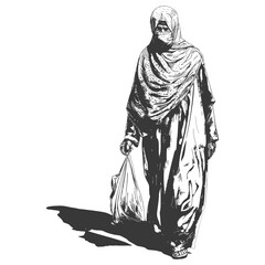 muslim elderly woman with engraving style black color only