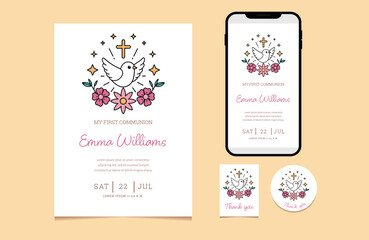 First communion invitation template, digital invitation, thank you cards, stationery set 