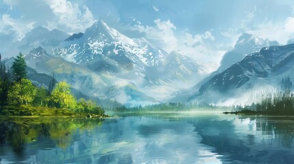 Fototapeta premium alpine oasis majestic high mountain lake reflecting serene landscape digital painting