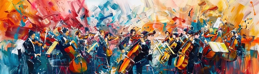 Fototapeta premium Abstract painting of a symphony orchestra in motion, using bold strokes and vibrant colors to convey the dynamic energy of the performance