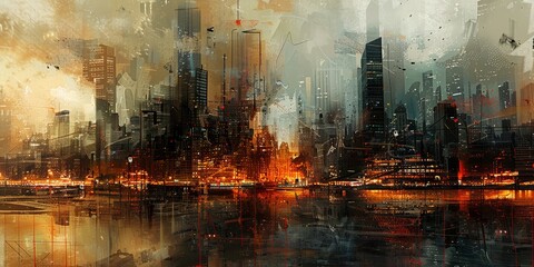 Obraz premium Abstract Metropolis Skyline Painting with Vibrant Blends of Orange and Gray