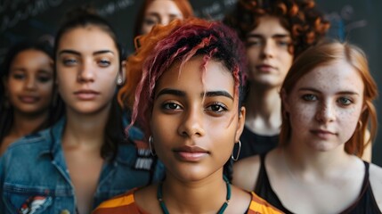 Obraz premium A group of women with colorful hair and makeup are standing together. Concept of unity and diversity, celebrating the beauty of different hair textures and styles