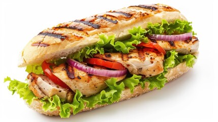 appetizing grilled chicken sandwich with fresh ingredients isolated