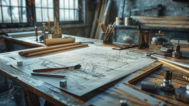 architectural blueprint masterpiece precision drafting tools on rustic wooden table 3d illustration