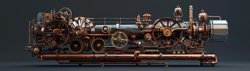 Obraz premium An intricate model of a steampunkinspired machine, with gears, pipes, and brass accents