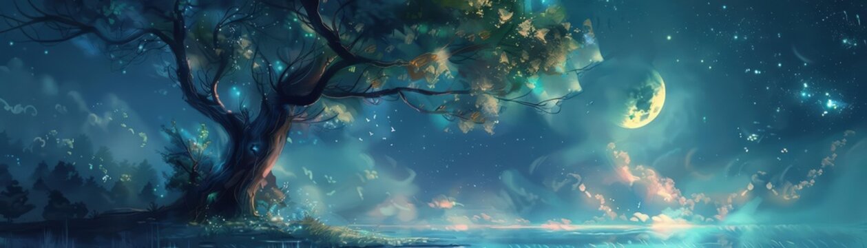 Artistic representation of a calm, moonlit night with a gentle lullaby visualized through soft, flowing colors and shapes