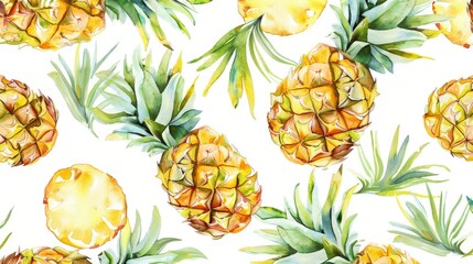 A beautiful pineapple pattern printed in gouache. The pattern repeats and is inspired by nature. Pineapple Decor with Yellow and Green on a White Background.