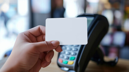 hand holding blank white credit card near payment machine, Ai generated Images