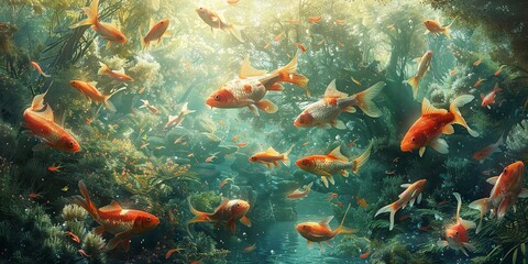 Vibrant Underwater Realm of Koi Fish in a Sunlit Pond