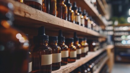 Vintage apothecary amber glass bottles dropper caps wooden shelves dimly lit room