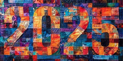 Obraz premium Colorful Patchwork Quilt with Bold 2020 Numbers in Vibrant Hues