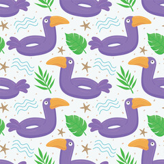 Seamless pattern with purple toucan. A float for the pool. Inflatable colorful toucans, starfish and palm leaves. A swimming circle. Vector template for your summer beach design