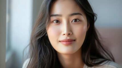 beautiful asian korean woman smiling portrait with natural makeup and hair