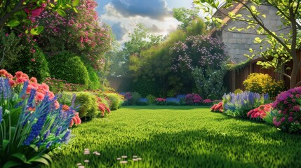 Obraz premium beautiful spring garden with vibrant flowers and lush lawn idyllic backyard 3d illustration