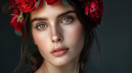beautiful woman with red flower headband feminine floral accessory portrait