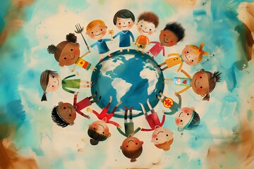 Kids illustration circle of diverse children gathered around globe, collective support and unity for child rights