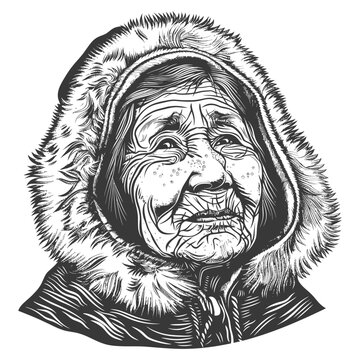 Etched Wisdom: Fur-Hooded Inuit Elder, Intricate Line Art Portrait.