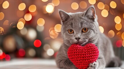 Valentine s Day postcard featuring gray cat holding knitted heart festive background