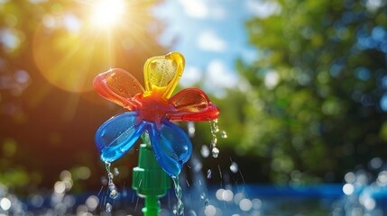 Fototapeta premium Vibrant Water Splashing Pinwheel Under Sunshine in a Lush Garden